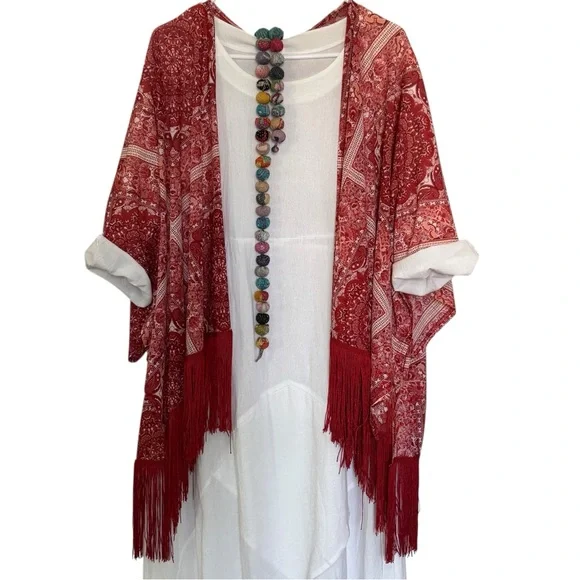 Ember Boho Fringe Kimono Cardigan Red Paisley Bandana Print Open Front Oversized - Picture 2 of 13
